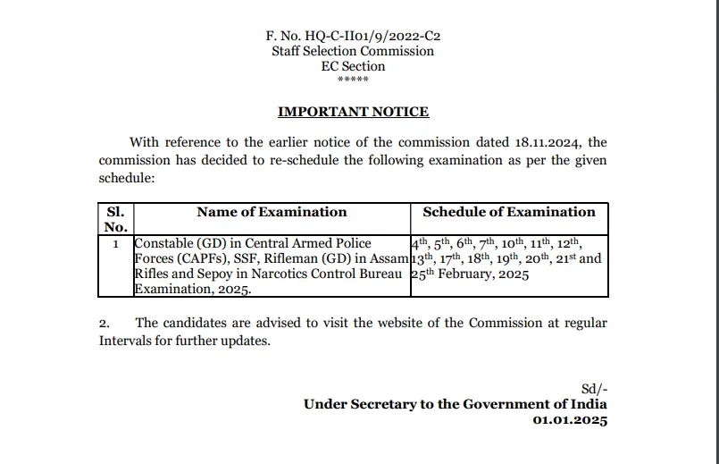 SSC GD Constable Exam Dates 2025 ssc.gov.in