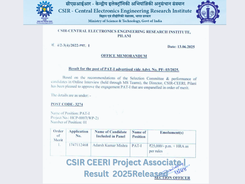 CSIR CEERI Project Associate l Result 2025 Out at ceeri.res.in, Direct Link to Download Result PDF Here