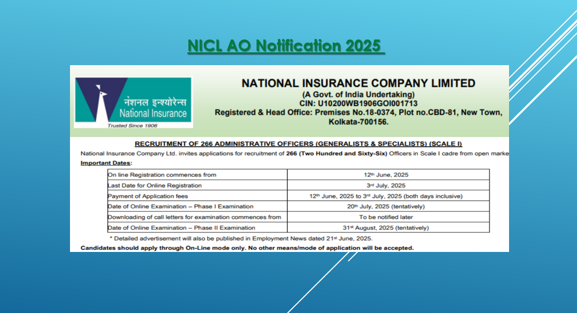 NICL Administrative Officers Recruitment 2025 - Apply Online for 266 Posts